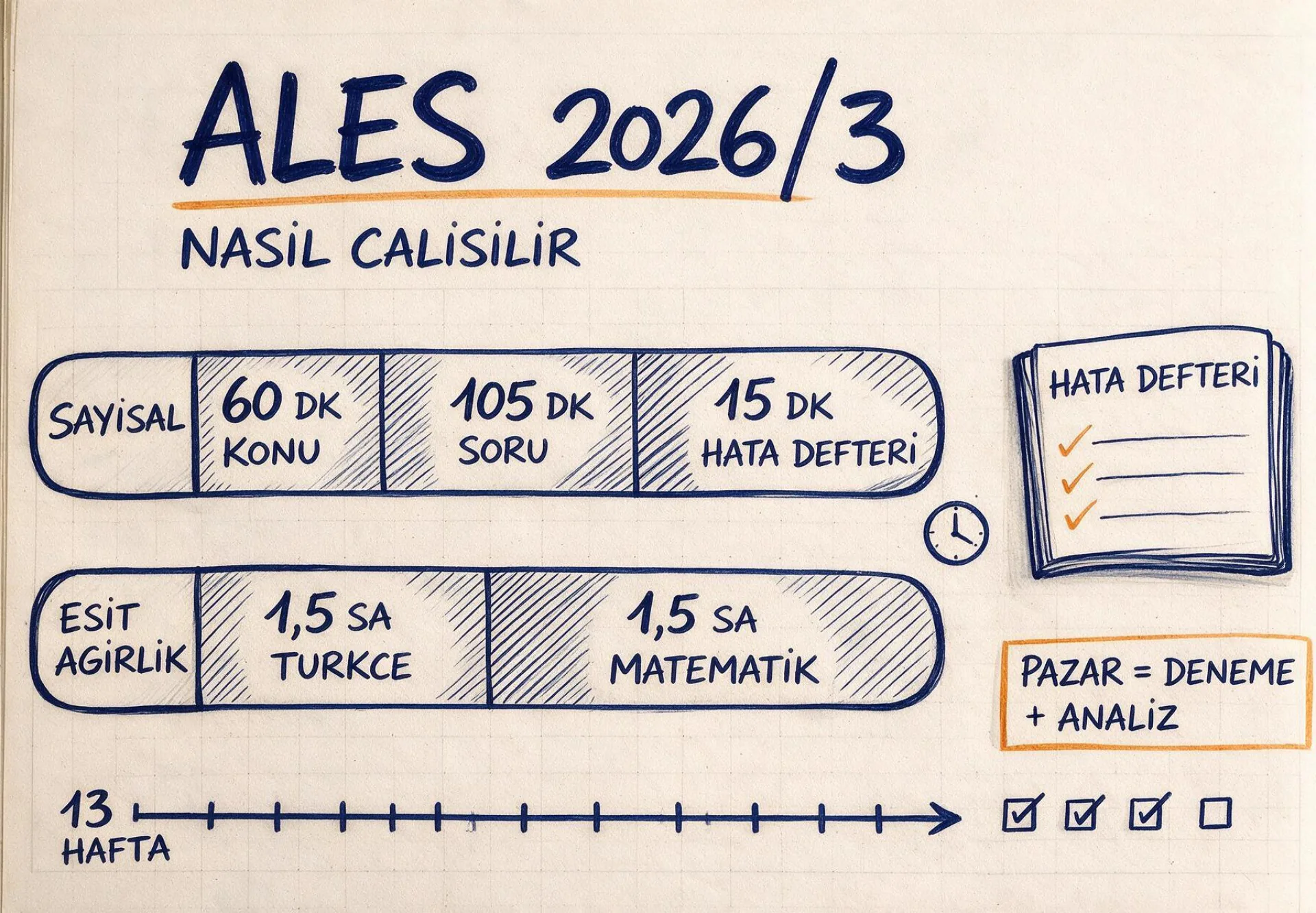 ALES 2026/3 çalışma programı: günün blok bölünmesi, hata defteri ve 13 haftalık takvim